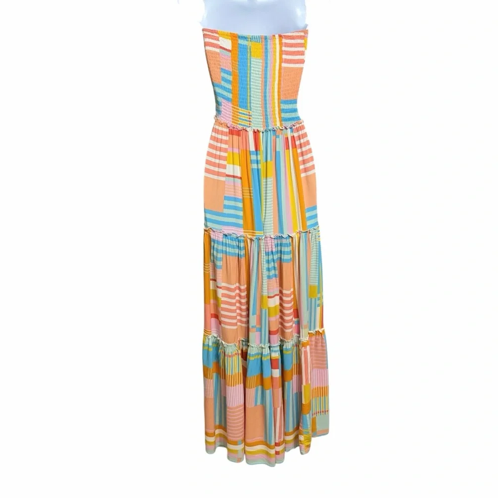 Abel the Label Boho Patchwork Tiered Maxi Dress XS Multicolor Smocked Strapless - Picture 4 of 7